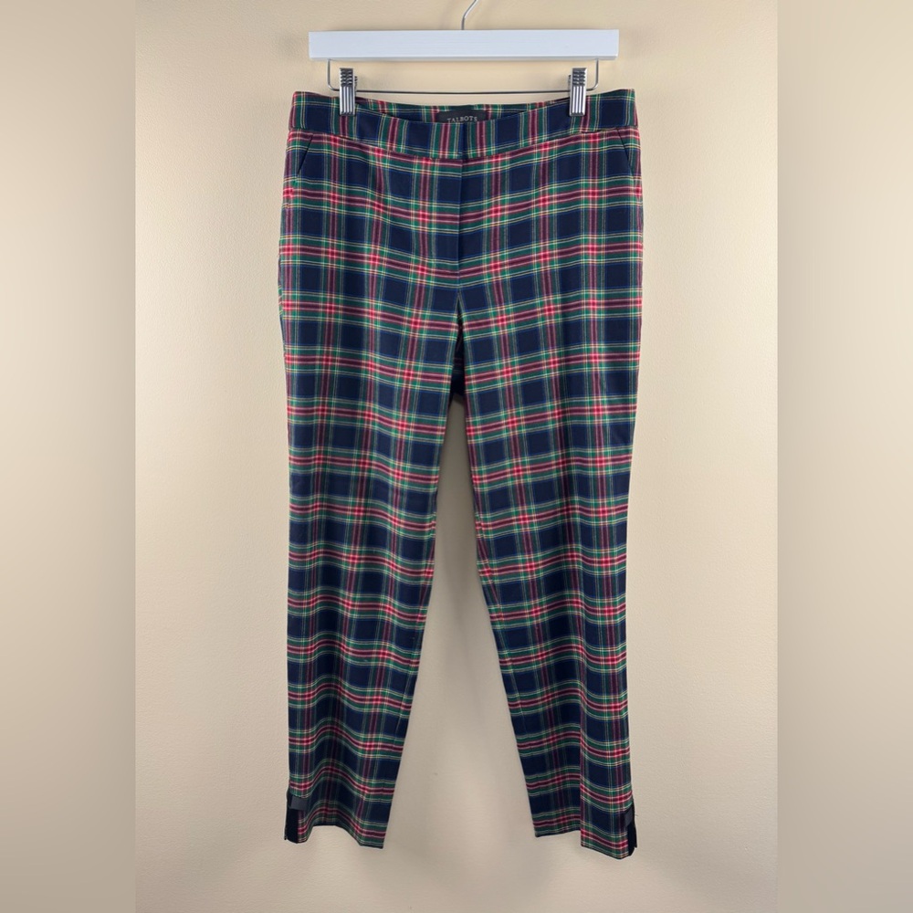 Talbots Talbots Tartan Plaid Navy Blue Green & Red Holiday Ankle Pants with Bows - Picture 2 of 5